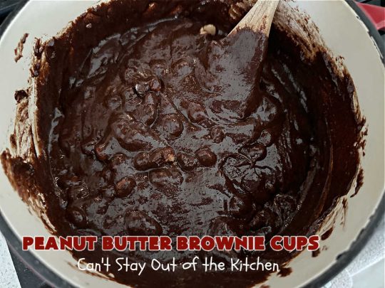 Peanut Butter Brownie Cups | Can't Stay Out of the Kitchen | Prepare yourself for a fantastic #brownie #recipe that will have you swooning from the first bite! It includes both #ChocolateChips & #PeanutButterChips & the #CookieCups are baked in #muffin tins. Marvelous #dessert for #tailgating parties potlucks & #BackyardBarbecues. #PeanutButterBrownieCups #ChocolateDessert #PeanutButterDessert