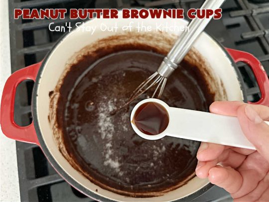 Peanut Butter Brownie Cups | Can't Stay Out of the Kitchen | Prepare yourself for a fantastic #brownie #recipe that will have you swooning from the first bite! It includes both #ChocolateChips & #PeanutButterChips & the #CookieCups are baked in #muffin tins. Marvelous #dessert for #tailgating parties potlucks & #BackyardBarbecues. #PeanutButterBrownieCups #ChocolateDessert #PeanutButterDessert