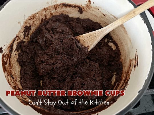 Peanut Butter Brownie Cups | Can't Stay Out of the Kitchen | Prepare yourself for a fantastic #brownie #recipe that will have you swooning from the first bite! It includes both #ChocolateChips & #PeanutButterChips & the #CookieCups are baked in #muffin tins. Marvelous #dessert for #tailgating parties potlucks & #BackyardBarbecues. #PeanutButterBrownieCups #ChocolateDessert #PeanutButterDessert