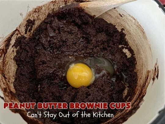 Peanut Butter Brownie Cups | Can't Stay Out of the Kitchen | Prepare yourself for a fantastic #brownie #recipe that will have you swooning from the first bite! It includes both #ChocolateChips & #PeanutButterChips & the #CookieCups are baked in #muffin tins. Marvelous #dessert for #tailgating parties potlucks & #BackyardBarbecues. #PeanutButterBrownieCups #ChocolateDessert #PeanutButterDessert