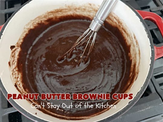 Peanut Butter Brownie Cups | Can't Stay Out of the Kitchen | Prepare yourself for a fantastic #brownie #recipe that will have you swooning from the first bite! It includes both #ChocolateChips & #PeanutButterChips & the #CookieCups are baked in #muffin tins. Marvelous #dessert for #tailgating parties potlucks & #BackyardBarbecues. #PeanutButterBrownieCups #ChocolateDessert #PeanutButterDessert