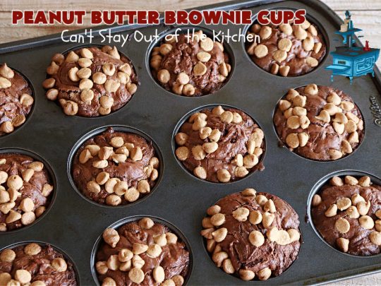 Peanut Butter Brownie Cups | Can't Stay Out of the Kitchen | Prepare yourself for a fantastic #brownie #recipe that will have you swooning from the first bite! It includes both #ChocolateChips & #PeanutButterChips & the #CookieCups are baked in #muffin tins. Marvelous #dessert for #tailgating parties potlucks & #BackyardBarbecues. #PeanutButterBrownieCups #ChocolateDessert #PeanutButterDessert