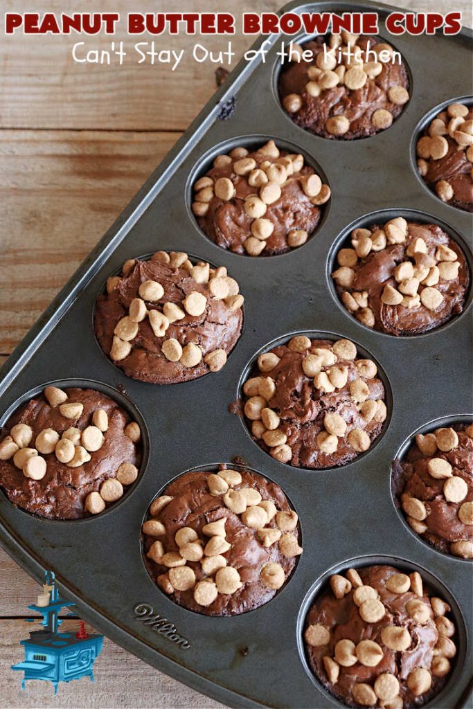 Peanut Butter Brownie Cups | Can't Stay Out of the Kitchen | Prepare yourself for a fantastic #brownie #recipe that will have you swooning from the first bite! It includes both #ChocolateChips & #PeanutButterChips & the #CookieCups are baked in #muffin tins. Marvelous #dessert for #tailgating parties potlucks & #BackyardBarbecues. #PeanutButterBrownieCups #ChocolateDessert #PeanutButterDessert