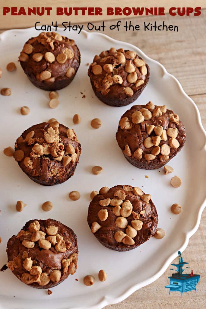 Peanut Butter Brownie Cups | Can't Stay Out of the Kitchen | Prepare yourself for a fantastic #brownie #recipe that will have you swooning from the first bite! It includes both #ChocolateChips & #PeanutButterChips & the #CookieCups are baked in #muffin tins. Marvelous #dessert for #tailgating parties potlucks & #BackyardBarbecues. #PeanutButterBrownieCups #ChocolateDessert #PeanutButterDessert