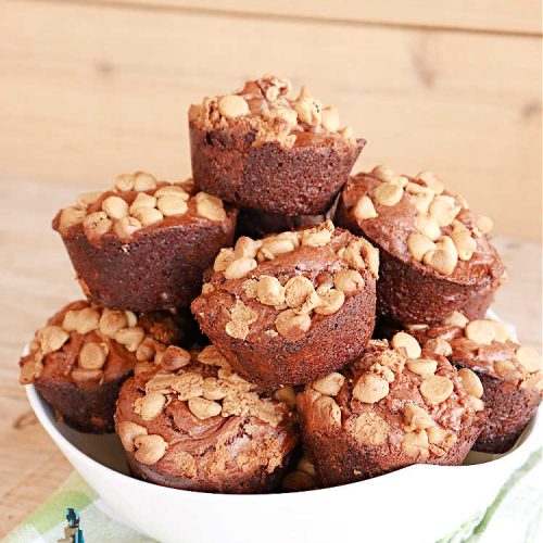 Peanut Butter Brownie Cups | Can't Stay Out of the Kitchen | Prepare yourself for a fantastic #brownie #recipe that will have you swooning from the first bite! It includes both #ChocolateChips & #PeanutButterChips & the #CookieCups are baked in #muffin tins. Marvelous #dessert for #tailgating parties potlucks & #BackyardBarbecues. #PeanutButterBrownieCups #ChocolateDessert #PeanutButterDessert