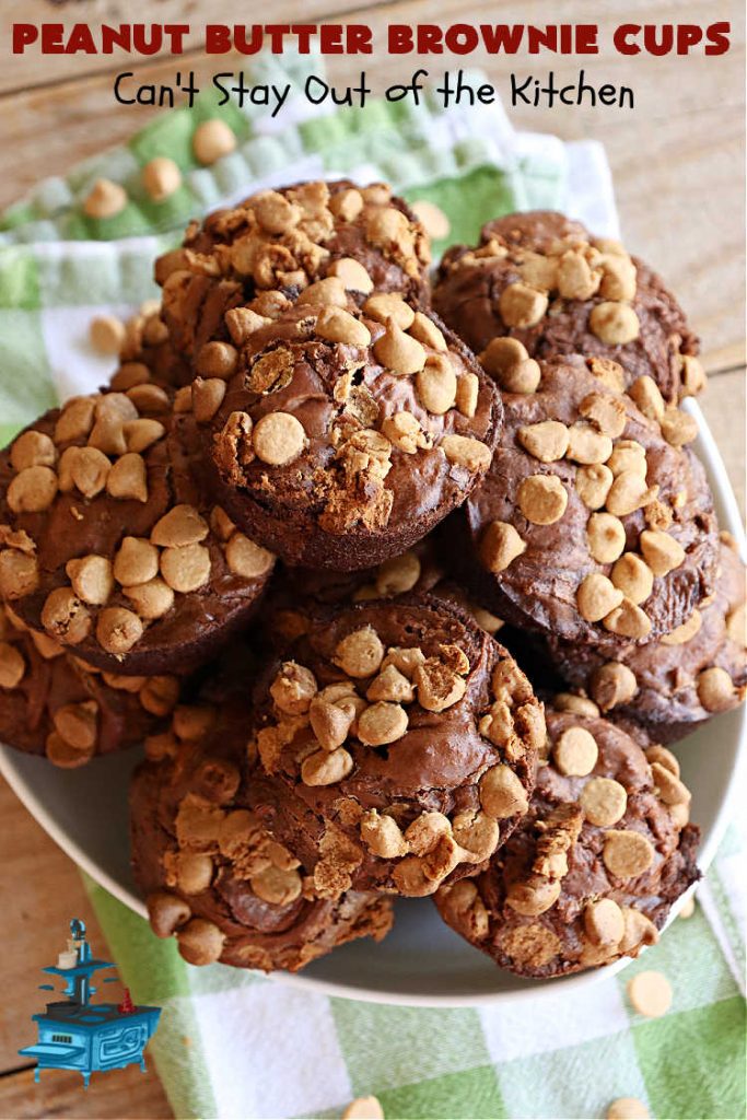 Peanut Butter Brownie Cups | Can't Stay Out of the Kitchen | Prepare yourself for a fantastic #brownie #recipe that will have you swooning from the first bite! It includes both #ChocolateChips & #PeanutButterChips & the #CookieCups are baked in #muffin tins. Marvelous #dessert for #tailgating parties potlucks & #BackyardBarbecues. #PeanutButterBrownieCups #ChocolateDessert #PeanutButterDessert