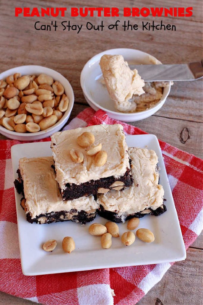 Peanut Butter Brownies | Can't Stay Out of the Kitchen | these luscious #brownies start with a brownie mix & #PeanutButterChips. The #PeanutButter & #CreamCheese Icing is to die for. If you enjoy #chocolate & peanut butter #desserts, you'll love this one. #tailgating #cookies #holiday #HolidayDessert #ChocolateDessert #PeanutButterDessert #ChristmasCookieExchange #PeanutButterBrownies