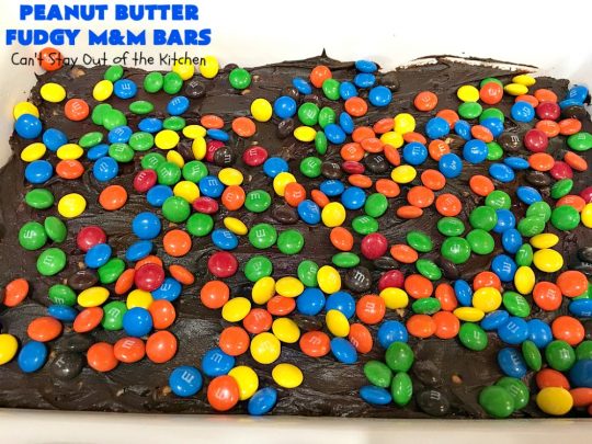 Peanut Butter Fudgy M&M Bars | Can't Stay Out of the Kitchen | these amazing #brownies have only 6 ingredients! They are so quick & easy but also rich, decadent & heavenly. Terrific #dessert for summer #holidays, backyard BBQs, #tailgating parties or for #ChristmasCookieExchanges. #DarkChocolate #Fudge #MMs #cookie #PeanutButter #Peanuts #chocolate #HolidayDessert #PeanutButterFudgyMMBars #ChocolateDessert #MMDessert