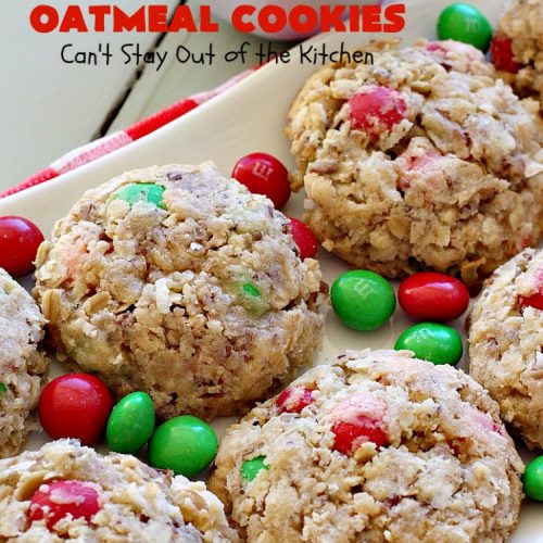 Peanut Butter M&M Oatmeal Cookies | Can't Stay Out of the Kitchen | these fantastic #Oatmeal #Cookies include #coconut #pecans & #PeanutButter #M&Ms. They are so awesome. #Dessert #PeanutButterDessert #OatmealCookie #PeanutButterCookie #Chocolate #tailgating #PeanutButterM&Ms