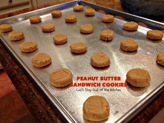 Peanut Butter Sandwich Cookies | Can't Stay Out of the Kitchen | these #cookies are irresistible. They're filled with #PeanutButter plus they have a luscious peanut butter frosting in the middle. They're so mouthwatering you won't be able to stop eating them! Great for #tailgating parties, birthdays or grilling out with friends. #dessert #PeanutButterCookies #PeanutButterSandwichCookies #southern #PeanutButterDessert #FavoritePeanutButterCookies