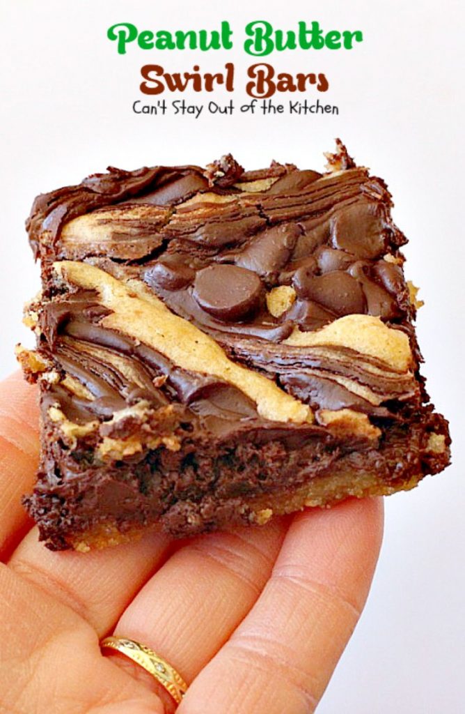 Peanut Butter Swirl Bars | Can't Stay Out of the Kitchen | some of our favorite #brownies ever! #chocolatechips are swirled into a delicious #peanutbutter #brownie batter. Rich, decadent, heavenly! #dessert #chocolate