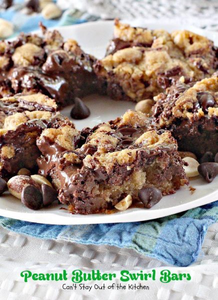 Peanut Butter Swirl Bars | Can't Stay Out of the Kitchen | these amazing #brownies have chunky #peanutbutter and #chocolatechips swirled through the batter. #chocolate #dessert #cookie