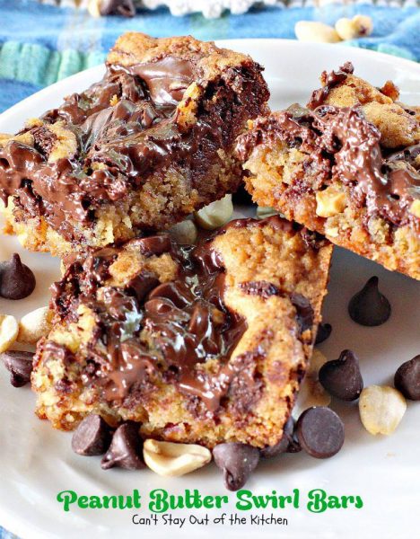 Peanut Butter Swirl Bars | Can't Stay Out of the Kitchen | these amazing #brownies have chunky #peanutbutter and #chocolatechips swirled through the batter. #chocolate #dessert #cookie