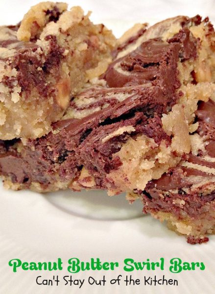 Peanut Butter Swirl Bars | Can't Stay Out of the Kitchen | our favorite #chocolatechip and #peanutbutter #brownie! Quick and easy. #chocolate #dessert #cookie