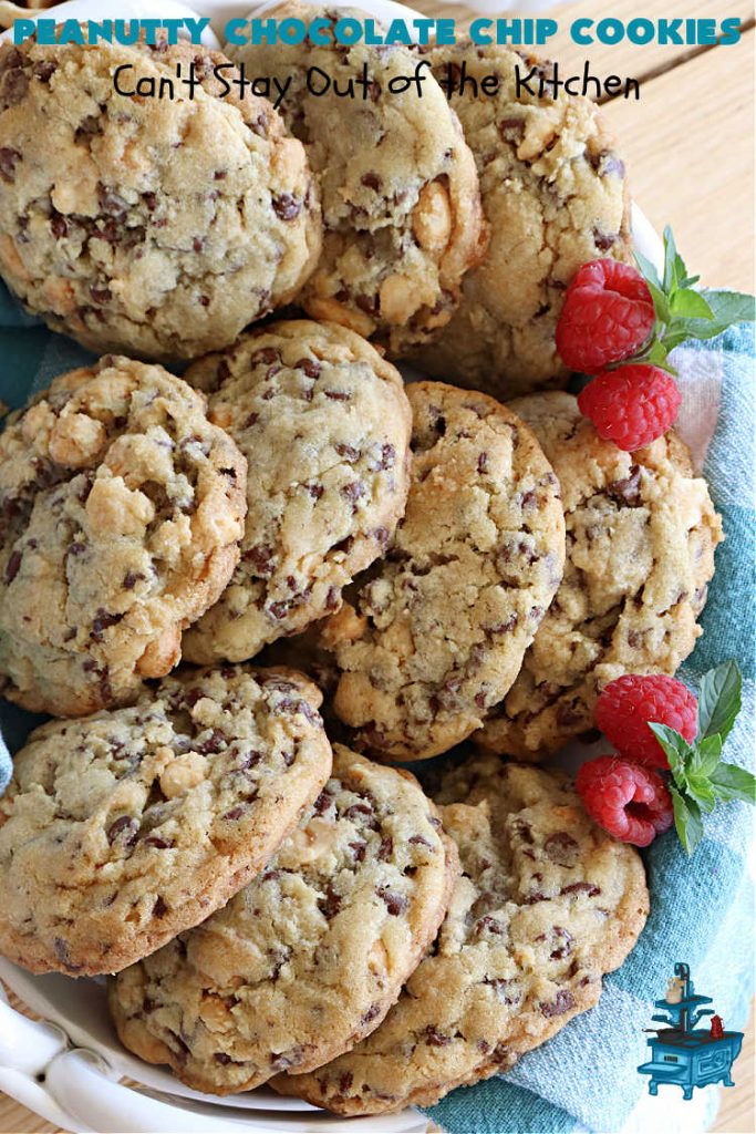 Peanutty Chocolate Chip Cookies | Can't Stay Out of the Kitchen | these luscious #cookies are filled with miniature #ChocolateChips & #RoastedPeanuts. They're both crunchy & chewy with soft insides. Excellent for #tailgating parties, potlucks, backyard BBQs & a #ChristmasCookieExchange. #holiday #HolidayDessert #ChocolateDessert #PeanutButterDessert #dessert #chocolate #PeanuttyChocolateChipCookiesPeanutty Chocolate Chip Cookies | Can't Stay Out of the Kitchen | these luscious #cookies are filled with miniature #ChocolateChips & #RoastedPeanuts. They're both crunchy & chewy with soft insides. Excellent for #tailgating parties, potlucks, backyard BBQs & a #ChristmasCookieExchange. #holiday #HolidayDessert #ChocolateDessert #PeanutButterDessert #dessert #chocolate #PeanuttyChocolateChipCookies