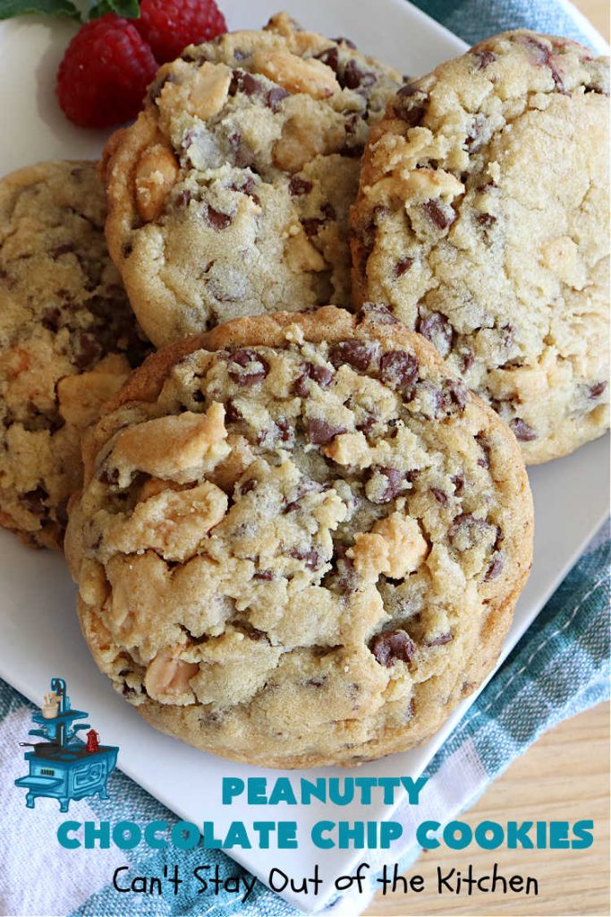 Peanutty Chocolate Chip Cookies | Can't Stay Out of the Kitchen | these luscious #cookies are filled with miniature #ChocolateChips & #RoastedPeanuts. They're both crunchy & chewy with soft insides. Excellent for #tailgating parties, potlucks, backyard BBQs & a #ChristmasCookieExchange. #holiday #HolidayDessert #ChocolateDessert #PeanutButterDessert #dessert #chocolate #PeanuttyChocolateChipCookies