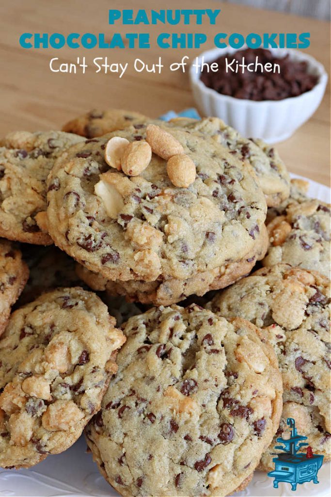 Peanutty Chocolate Chip Cookies | Can't Stay Out of the Kitchen | these luscious #cookies are filled with miniature #ChocolateChips & #RoastedPeanuts. They're both crunchy & chewy with soft insides. Excellent for #tailgating parties, potlucks, backyard BBQs & a #ChristmasCookieExchange. #holiday #HolidayDessert #ChocolateDessert #PeanutButterDessert #dessert #chocolate #PeanuttyChocolateChipCookies