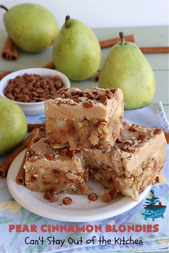 Pear Cinnamon Blondies | Can't Stay Out of the Kitchen | these luscious #blondies are very sweet, rich, decadent & heavenly. The bars include #bananas & #pears to keep them moist, #walnuts & #CinnamonChips to add texture & sweetness. They also have a fantastic #BrownedButterIcing on top with more #cinnamon chips to add even more decadence. Excellent for any kind of potluck or #holiday activity. Every bite will rock your world! #PearCinnamonBlondies