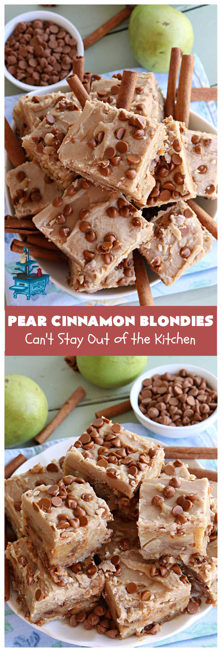 Pear Cinnamon Blondies | Can't Stay Out of the Kitchen | these luscious #blondies are very sweet, rich, decadent & heavenly. The bars include #bananas & #pears to keep them moist, #walnuts & #CinnamonChips to add texture & sweetness. They also have a fantastic #BrownedButterIcing on top with more #cinnamon chips to add even more decadence. Excellent for any kind of potluck or #holiday activity. Every bite will rock your world! #PearCinnamonBlondies