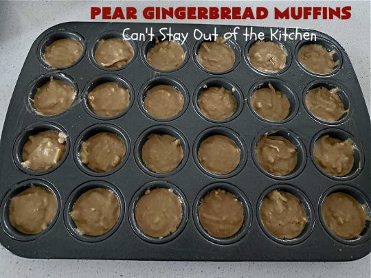 Pear Gingerbread Muffins | Can't Stay Out of the Kitchen | You'll be popping one of these miniature #muffins in your mouth all day long after whipping up a batch of these #4Ingredient #GingerbreadMuffins. Adding grated #pears to the batter makes them especially delicious. Perfect for #FallBaking, #Thanksgiving or #Christmas #breakfast or #brunch. #holiday #4IngredientRecipe #PearGingerbreadMuffins