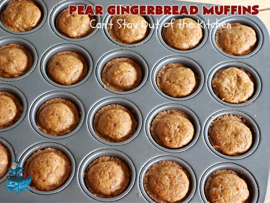 Pear Gingerbread Muffins | Can't Stay Out of the Kitchen | You'll be popping one of these miniature #muffins in your mouth all day long after whipping up a batch of these #4Ingredient #GingerbreadMuffins. Adding grated #pears to the batter makes them especially delicious. Perfect for #FallBaking, #Thanksgiving or #Christmas #breakfast or #brunch. #holiday #4IngredientRecipe #PearGingerbreadMuffins