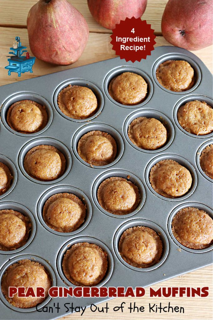 Pear Gingerbread Muffins | Can't Stay Out of the Kitchen | You'll be popping one of these miniature #muffins in your mouth all day long after whipping up a batch of these #4Ingredient #GingerbreadMuffins. Adding grated #pears to the batter makes them especially delicious. Perfect for #FallBaking, #Thanksgiving or #Christmas #breakfast or #brunch. #holiday #4IngredientRecipe #PearGingerbreadMuffins