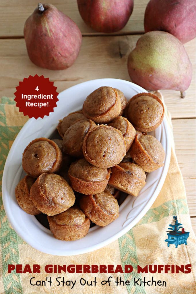 Pear Gingerbread Muffins | Can't Stay Out of the Kitchen | You'll be popping one of these miniature #muffins in your mouth all day long after whipping up a batch of these #4Ingredient #GingerbreadMuffins. Adding grated #pears to the batter makes them especially delicious. Perfect for #FallBaking, #Thanksgiving or #Christmas #breakfast or #brunch. #holiday #4IngredientRecipe #PearGingerbreadMuffins