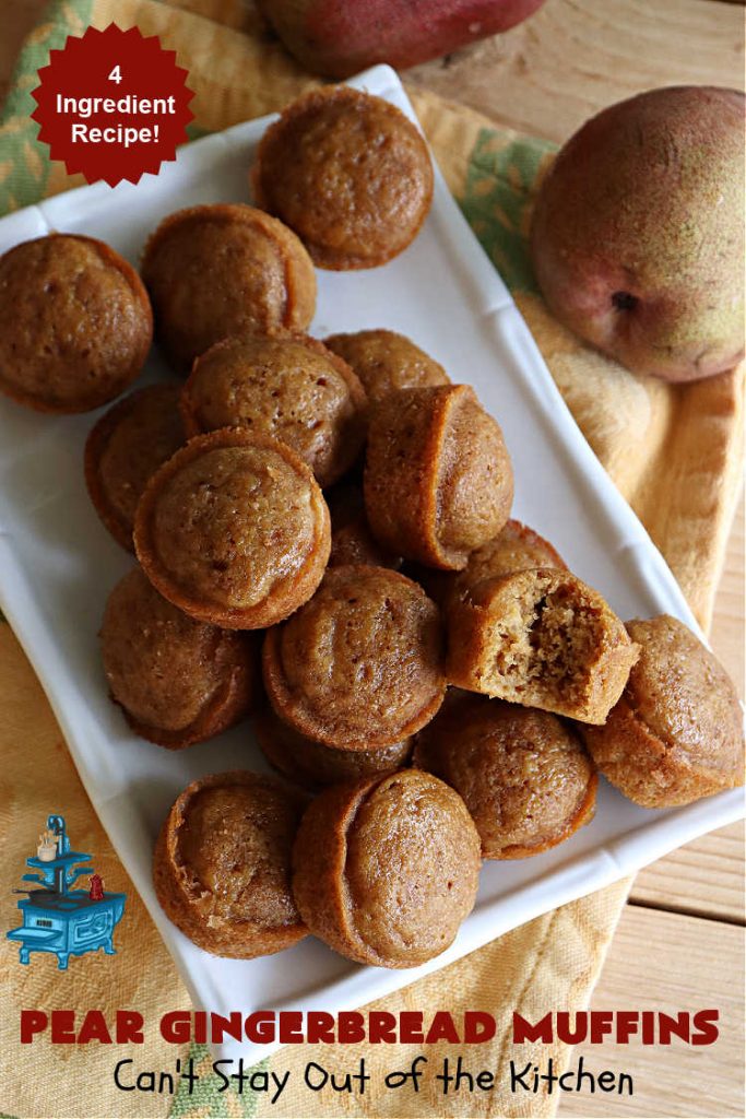 Pear Gingerbread Muffins | Can't Stay Out of the Kitchen | You'll be popping one of these miniature #muffins in your mouth all day long after whipping up a batch of these #4Ingredient #GingerbreadMuffins. Adding grated #pears to the batter makes them especially delicious. Perfect for #FallBaking, #Thanksgiving or #Christmas #breakfast or #brunch. #holiday #4IngredientRecipe #PearGingerbreadMuffins