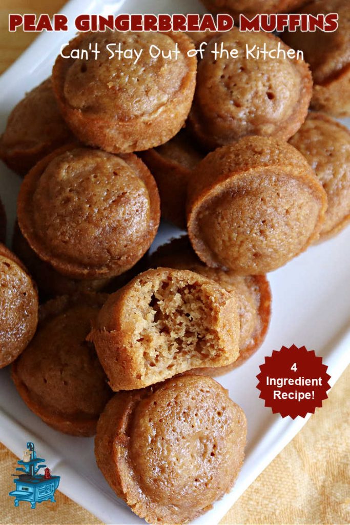 Pear Gingerbread Muffins | Can't Stay Out of the Kitchen | You'll be popping one of these miniature #muffins in your mouth all day long after whipping up a batch of these #4Ingredient #GingerbreadMuffins. Adding grated #pears to the batter makes them especially delicious. Perfect for #FallBaking, #Thanksgiving or #Christmas #breakfast or #brunch. #holiday #4IngredientRecipe #PearGingerbreadMuffins