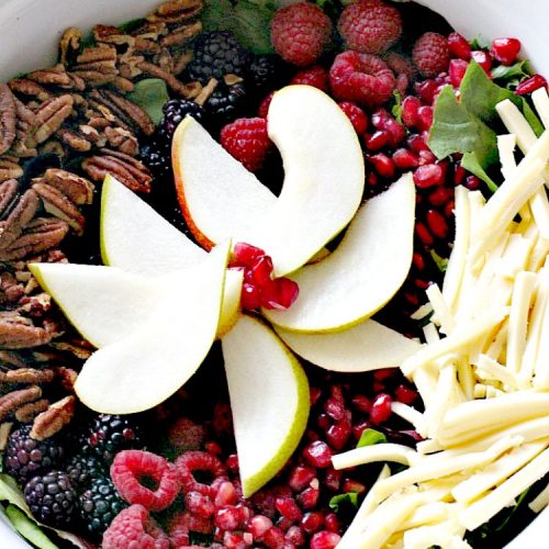 Pear, Pomegranate and Berry Salad | Can't Stay Out of the Kitchen | this fabulous #salad is heavenly! The combination of flavors is amazing. #pears #pomegranates #glutenfree