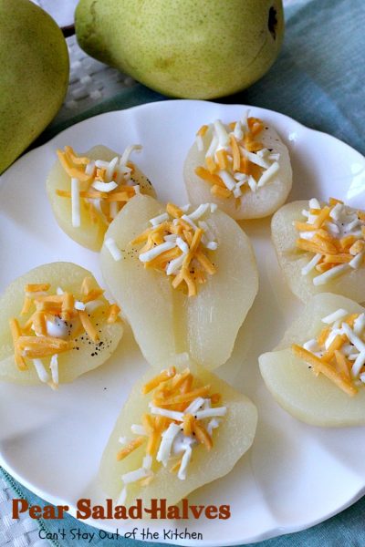 Pear Salad Halves | Can't Stay Out of the Kitchen | this is such a quick and easy way to serve #pears. Only 4-ingredients needed for this lovely #fruit #salad.