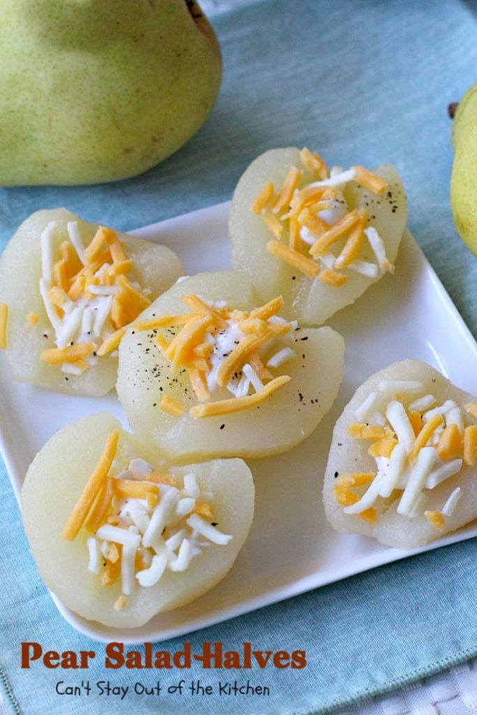 Pear Salad Halves | Can't Stay Out of the Kitchen | this is such a quick and easy way to serve #pears. Only 4-ingredients needed for this lovely #fruit #salad.