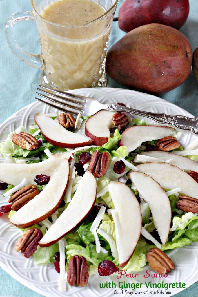 Pear Salad with Ginger Vinaigrette | Can't Stay Out of the Kitchen | this lovely #pear #salad has a wonderful homemade #vinaigrette. #glutenfree #pecans #cheese
