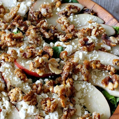 Pear Salad with Glazed Walnuts | Can't Stay Out of the Kitchen | this exotic #salad always gets rave reviews whenever I serve it. It's not difficult to make & so delicious. It uses #GlazedWalnuts, #Pears, #FetaCheese & a wonderful homemade #Lemon #Vinaigrette. #GlutenFree #TossedSalad #LemonVinaigrette #TossedSaladWithPears #PearSaladWithGlazedWalnuts #holiday #HolidaySideDish #MothersDay #FathersDay #Thanksgiving
