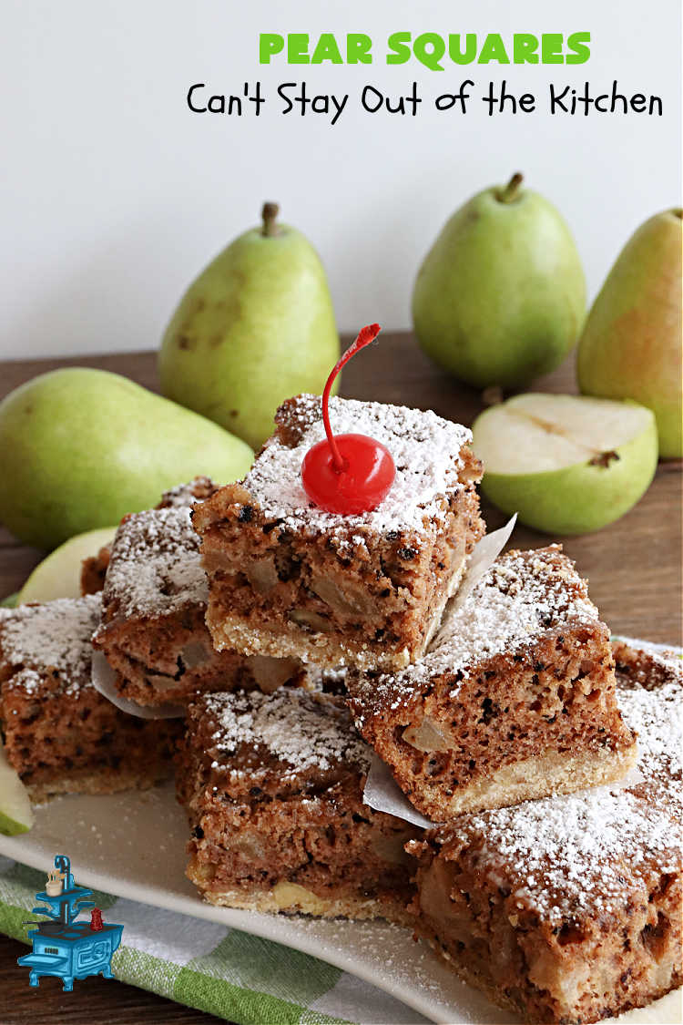 Pear Squares | Can't Stay Out of the Kitchen | these delicious cake-type #cookies are moist, nutty and filled with #pears, #cinnamon & #nutmeg. Wonderful #dessert any time you have company & for #holidays like #Easter, #MothersDay or #FathersDay. Every bite is mouthwatering & delicious. #PearSquares