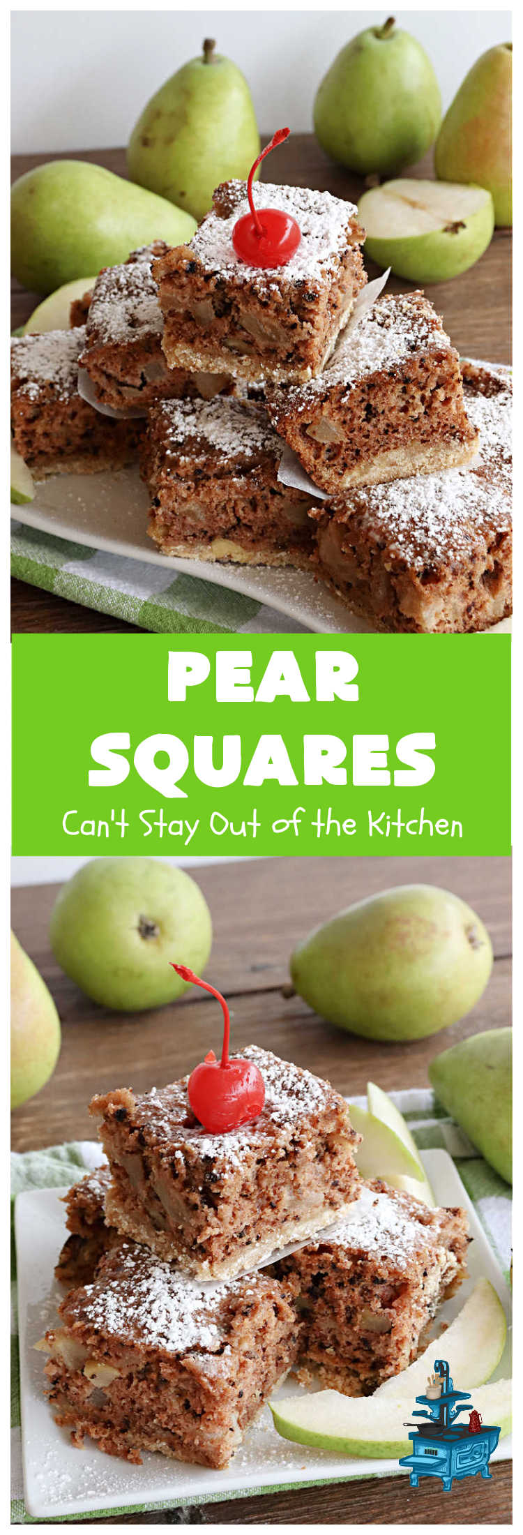 Pear Squares | Can't Stay Out of the Kitchen | these delicious cake-type #cookies are moist, nutty and filled with #pears, #cinnamon & #nutmeg. Wonderful #dessert any time you have company & for #holidays like #Easter, #MothersDay or #FathersDay. Every bite is mouthwatering & delicious. #PearSquares