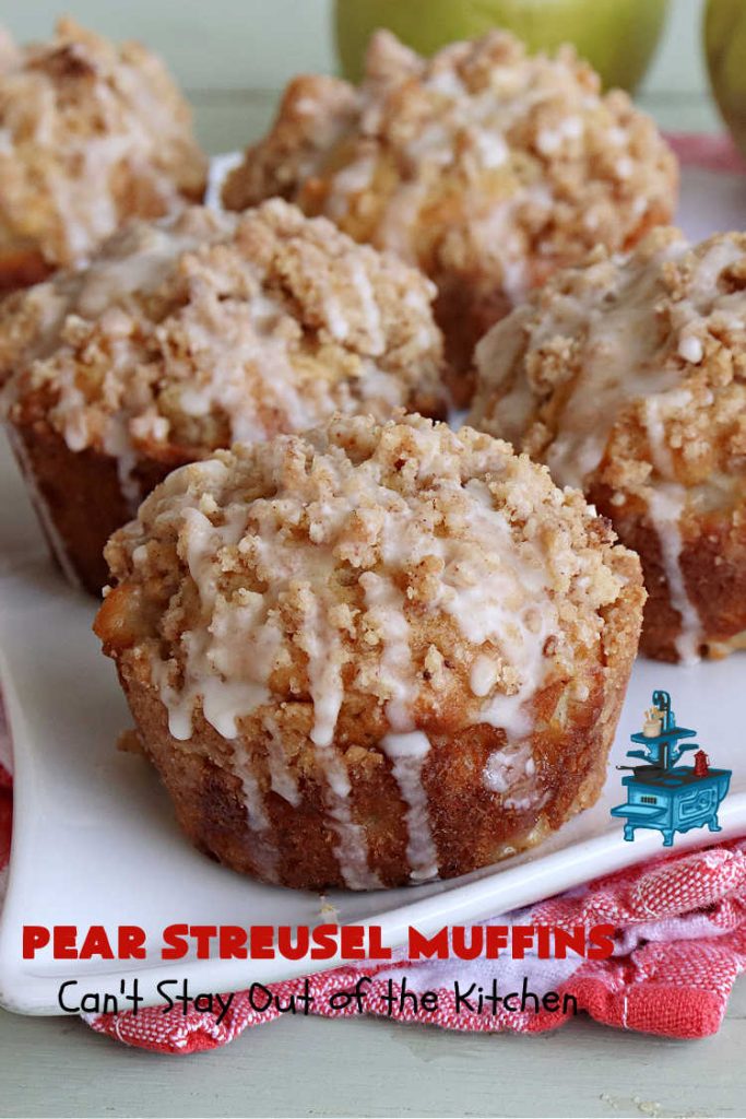 Pear Streusel Muffins | Can't Stay Out of the Kitchen | these spectacular #muffins are filled with #pears, & #yogurt to keep them moist. Spices like #cloves, #cinnamon & #allspice amp up the flavors without overwhelming the muffins. The #StreuselTopping provides texture & the glaze a little more sweetness to make these muffins a drool-worthy experience! Great for a weekend, company or #holiday #breakfast. #PearStreuselMuffins