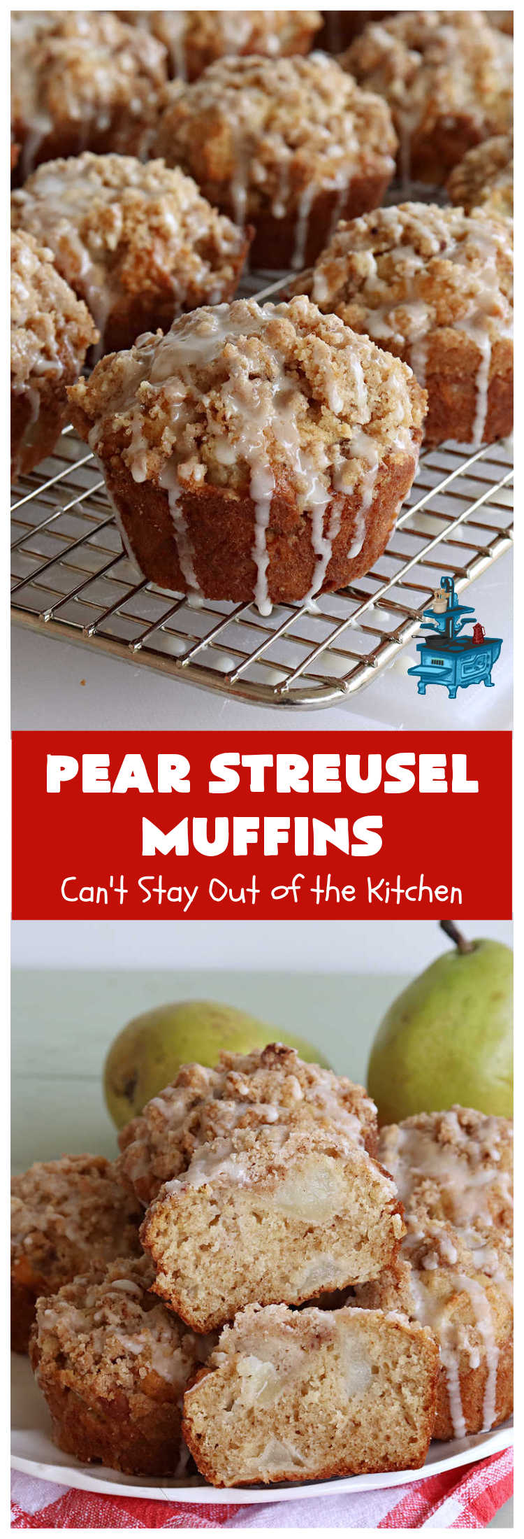 Pear Streusel Muffins | Can't Stay Out of the Kitchen | these spectacular #muffins are filled with #pears, & #yogurt to keep them moist. Spices like #cloves, #cinnamon & #allspice amp up the flavors without overwhelming the muffins. The #StreuselTopping provides texture & the glaze a little more sweetness to make these muffins a drool-worthy experience! Great for a weekend, company or #holiday #breakfast. #PearStreuselMuffins