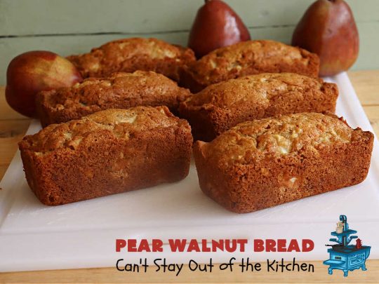 Pear Walnut Bread | Can't Stay Out of the Kitchen | #PearWalnutBread really sizzles! This delightful #SweetBread is jazzed up with #cinnamon & #nutmeg. #Walnuts add crunchy texture, #SourCream keeps it moist & #pears bring it all together. Terrific #bread #recipe for a company or #holiday #breakfast or #brunch.