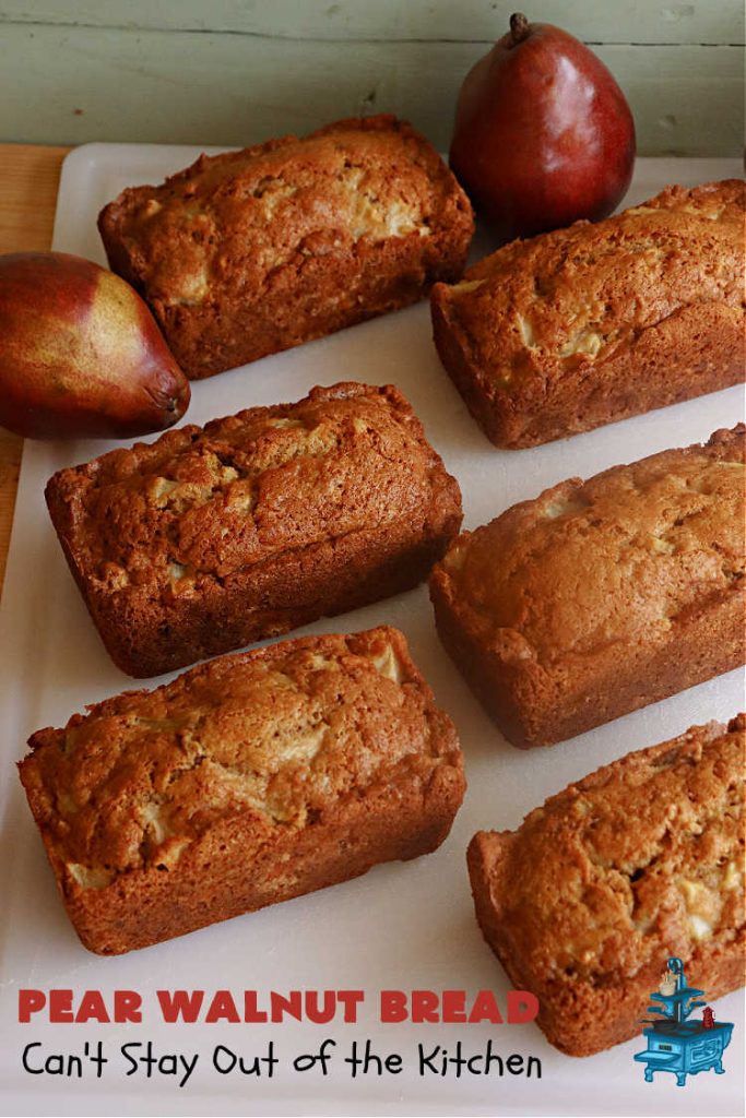 Pear Walnut Bread | Can't Stay Out of the Kitchen | #PearWalnutBread really sizzles! This delightful #SweetBread is jazzed up with #cinnamon & #nutmeg. #Walnuts add crunchy texture, #SourCream keeps it moist & #pears bring it all together. Terrific #bread #recipe for a company or #holiday #breakfast or #brunch.