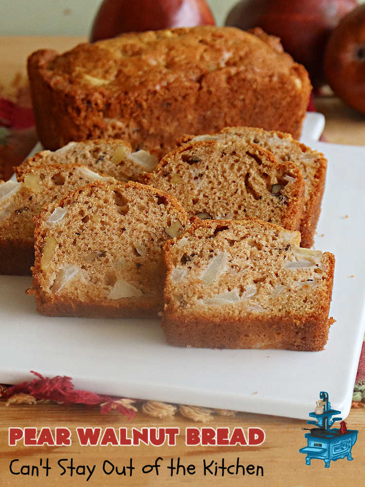 Pear Walnut Bread | Can't Stay Out of the Kitchen | #PearWalnutBread really sizzles! This delightful #SweetBread is jazzed up with #cinnamon & #nutmeg. #Walnuts add crunchy texture, #SourCream keeps it moist & #pears bring it all together. Terrific #bread #recipe for a company or #holiday #breakfast or #brunch.