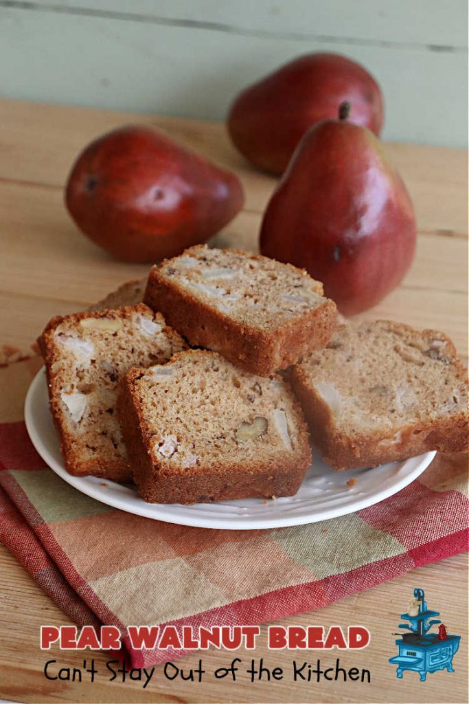 Pear Walnut Bread | Can't Stay Out of the Kitchen | #PearWalnutBread really sizzles! This delightful #SweetBread is jazzed up with #cinnamon & #nutmeg. #Walnuts add crunchy texture, #SourCream keeps it moist & #pears bring it all together. Terrific #bread #recipe for a company or #holiday #breakfast or #brunch.