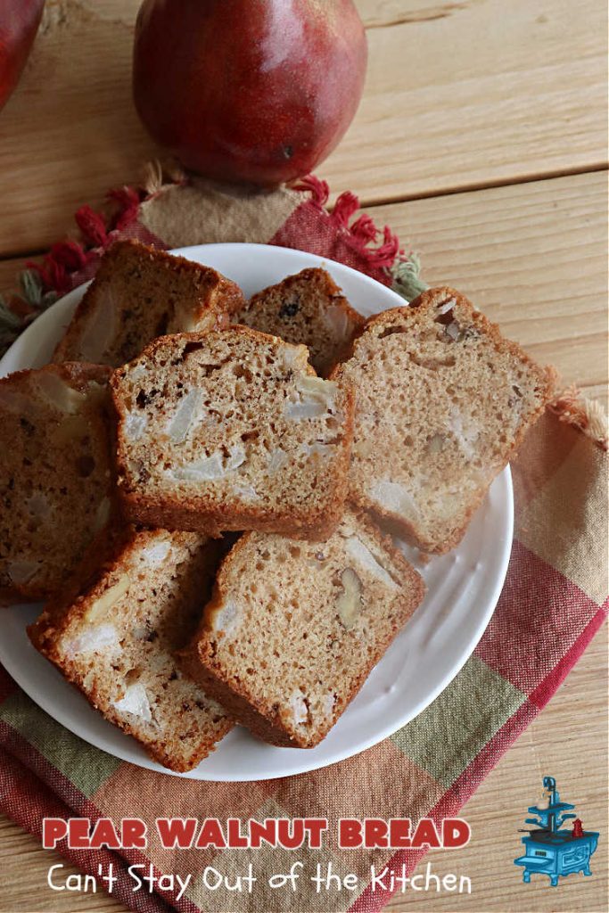 Pear Walnut Bread | Can't Stay Out of the Kitchen | #PearWalnutBread really sizzles! This delightful #SweetBread is jazzed up with #cinnamon & #nutmeg. #Walnuts add crunchy texture, #SourCream keeps it moist & #pears bring it all together. Terrific #bread #recipe for a company or #holiday #breakfast or #brunch.