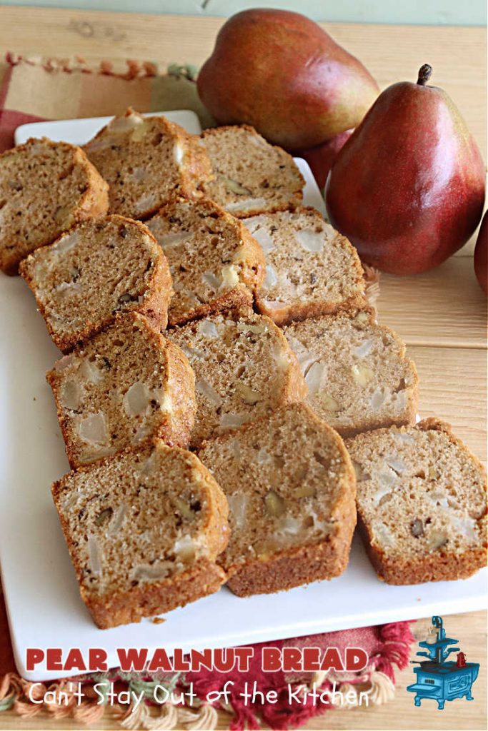 Pear Walnut Bread | Can't Stay Out of the Kitchen | #PearWalnutBread really sizzles! This delightful #SweetBread is jazzed up with #cinnamon & #nutmeg. #Walnuts add crunchy texture, #SourCream keeps it moist & #pears bring it all together. Terrific #bread #recipe for a company or #holiday #breakfast or #brunch.