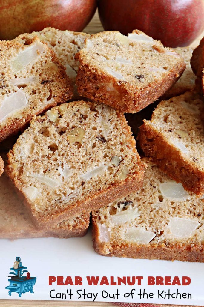 Pear Walnut Bread | Can't Stay Out of the Kitchen | #PearWalnutBread really sizzles! This delightful #SweetBread is jazzed up with #cinnamon & #nutmeg. #Walnuts add crunchy texture, #SourCream keeps it moist & #pears bring it all together. Terrific #bread #recipe for a company or #holiday #breakfast or #brunch.