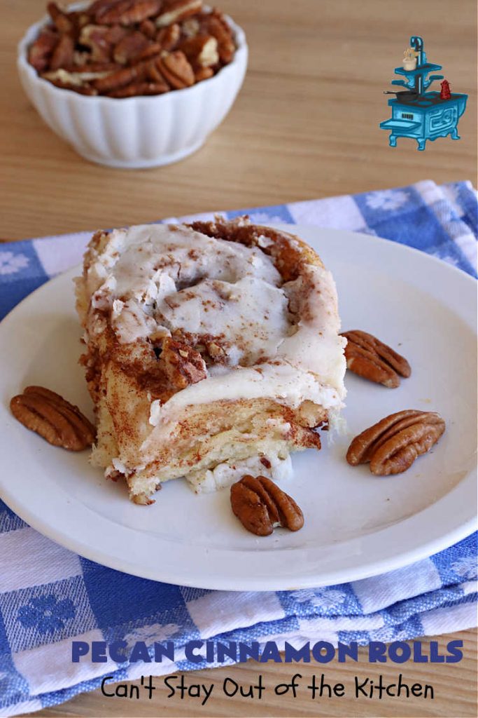 Pecan Cinnamon Rolls | Can't Stay Out of the Kitchen | these delightful #CinnamonRolls are light & fluffy & so easy since they're mixed & raised in the #breadmaker! They have a luscious #ButtercreamFrosting & a #cinnamon & #pecan filling that will make you swoon from the first bite! Great for a #holiday #breakfast like #Thanksgiving or #Christmas. #PecanCinnamonRolls