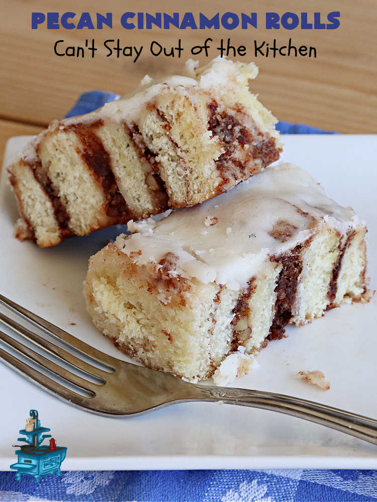 Pecan Cinnamon Rolls | Can't Stay Out of the Kitchen | these delightful #CinnamonRolls are light & fluffy & so easy since they're mixed & raised in the #breadmaker! They have a luscious #ButtercreamFrosting & a #cinnamon & #pecan filling that will make you swoon from the first bite! Great for a #holiday #breakfast like #Thanksgiving or #Christmas. #PecanCinnamonRolls