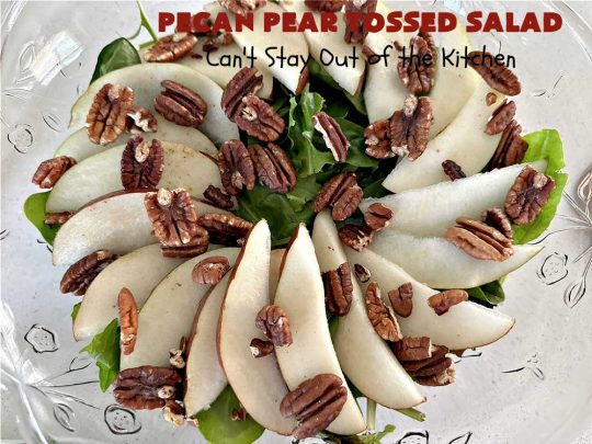 Pecan Pear Tossed Salad | Can't Stay Out of the Kitchen | this festive & elegant #TossedSaladWithFruit is marvelous to the taste buds. The #raspberries & #pears add sweetness & the #FetaCheese & toasted #pecans provide a savory crunchiness that balances the #salad wonderfully. It's so easy to whip up making it perfect for weeknight dinners, company meals or even #holidays. Your family will be captivated after just one bite! #TossedSalad #GlutenFree #PecanPearTossedSalad