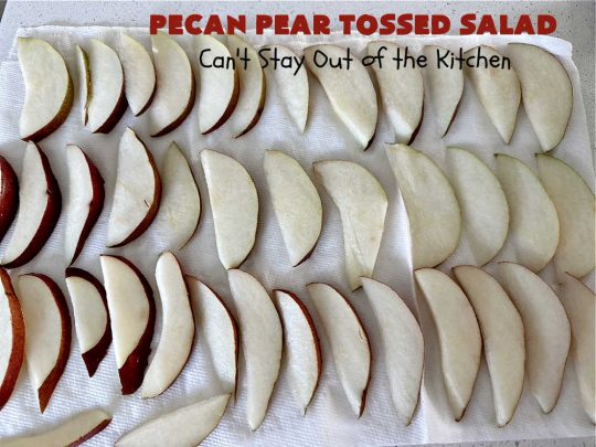 Pecan Pear Tossed Salad | Can't Stay Out of the Kitchen | this festive & elegant #TossedSaladWithFruit is marvelous to the taste buds. The #raspberries & #pears add sweetness & the #FetaCheese & toasted #pecans provide a savory crunchiness that balances the #salad wonderfully. It's so easy to whip up making it perfect for weeknight dinners, company meals or even #holidays. Your family will be captivated after just one bite! #TossedSalad #GlutenFree #PecanPearTossedSalad