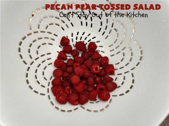 Pecan Pear Tossed Salad | Can't Stay Out of the Kitchen | this festive & elegant #TossedSaladWithFruit is marvelous to the taste buds. The #raspberries & #pears add sweetness & the #FetaCheese & toasted #pecans provide a savory crunchiness that balances the #salad wonderfully. It's so easy to whip up making it perfect for weeknight dinners, company meals or even #holidays. Your family will be captivated after just one bite! #TossedSalad #GlutenFree #PecanPearTossedSalad